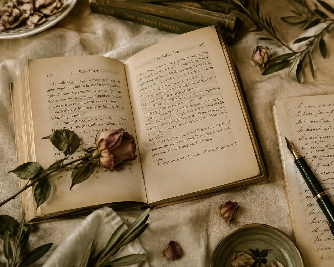 Novela romántica abierta con una rosa seca y un diario